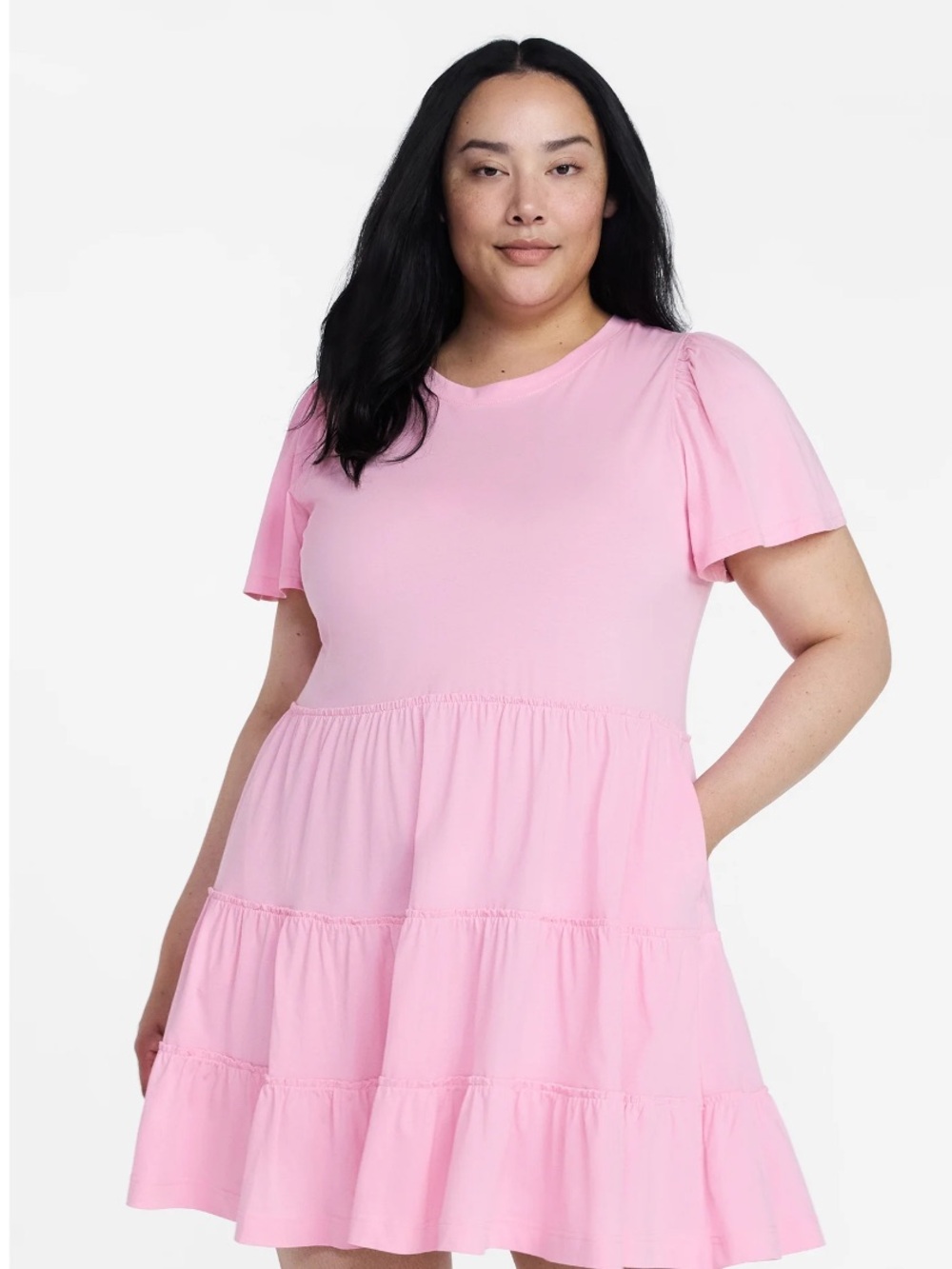 Time and Tru Pink Tiered Flutter Sleeve Mini Dress